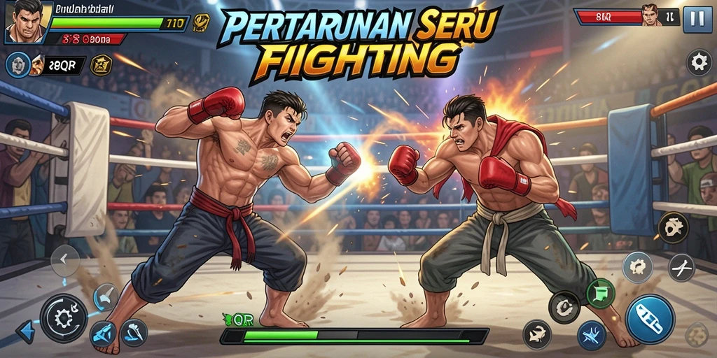 Tampilan gameplay seru dalam 8QR yang menampilkan karakter bertarung.
