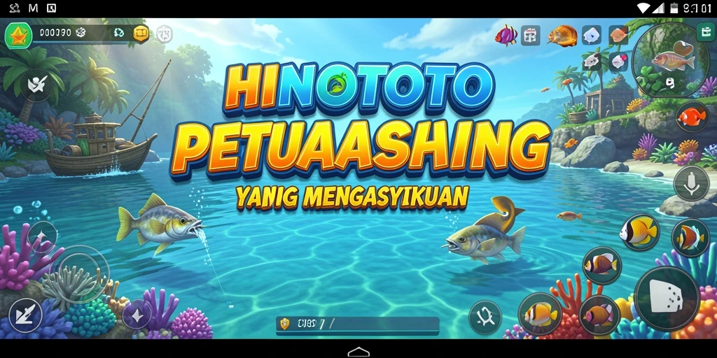 Screenshot gameplay HINOTOTO dengan pemandangan menakjubkan dan aksi memancing.