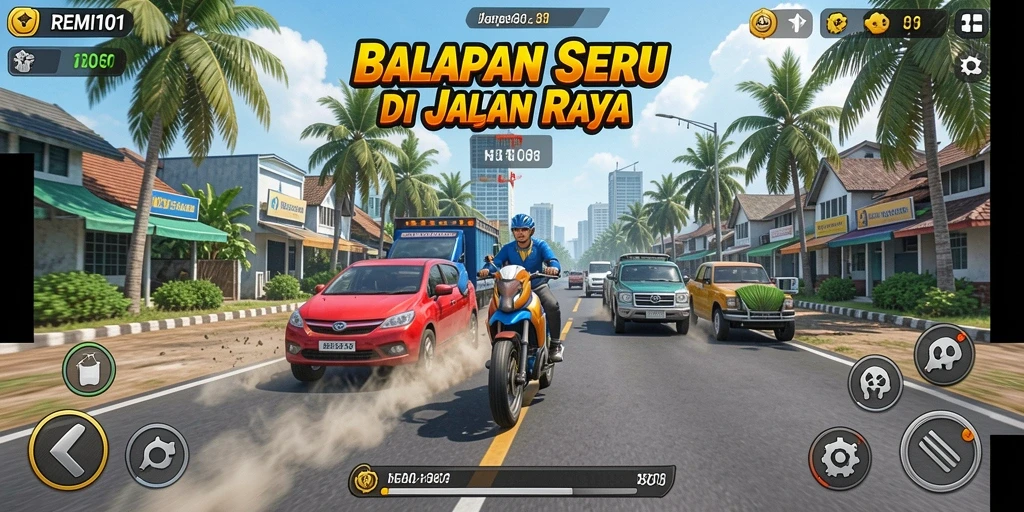Tampilan gameplay menegangkan di jalur balapan REMI101.